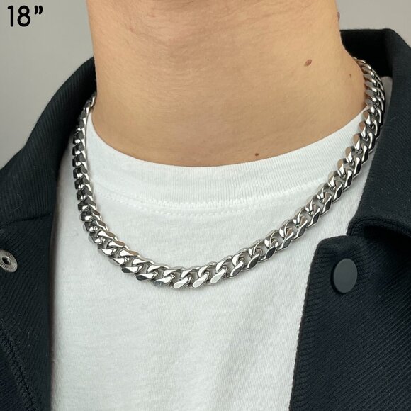 High Polished Cuban Link Chain Necklace 10mm 18in - Picture 1 of 4